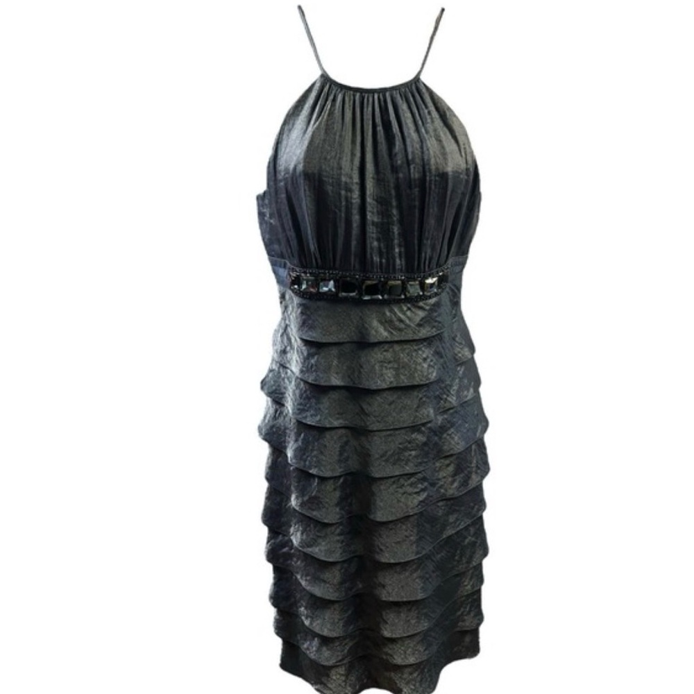 Adrianna Papell Metallic Gray Tiered Midi Dress
